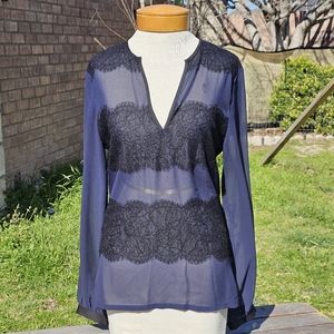 Ann Taylor navy & black lace colorblock blouse